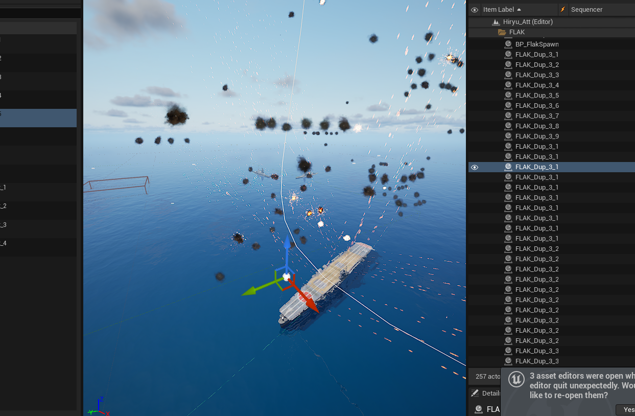 Unreal Engine editor view of a carrier under attack