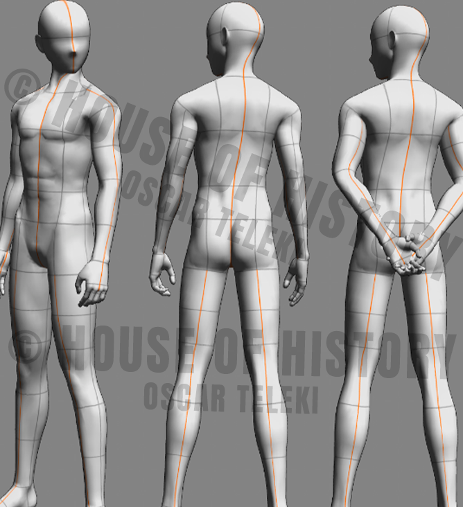 3D base mesh showing male figure proportions and edge loops in three poses