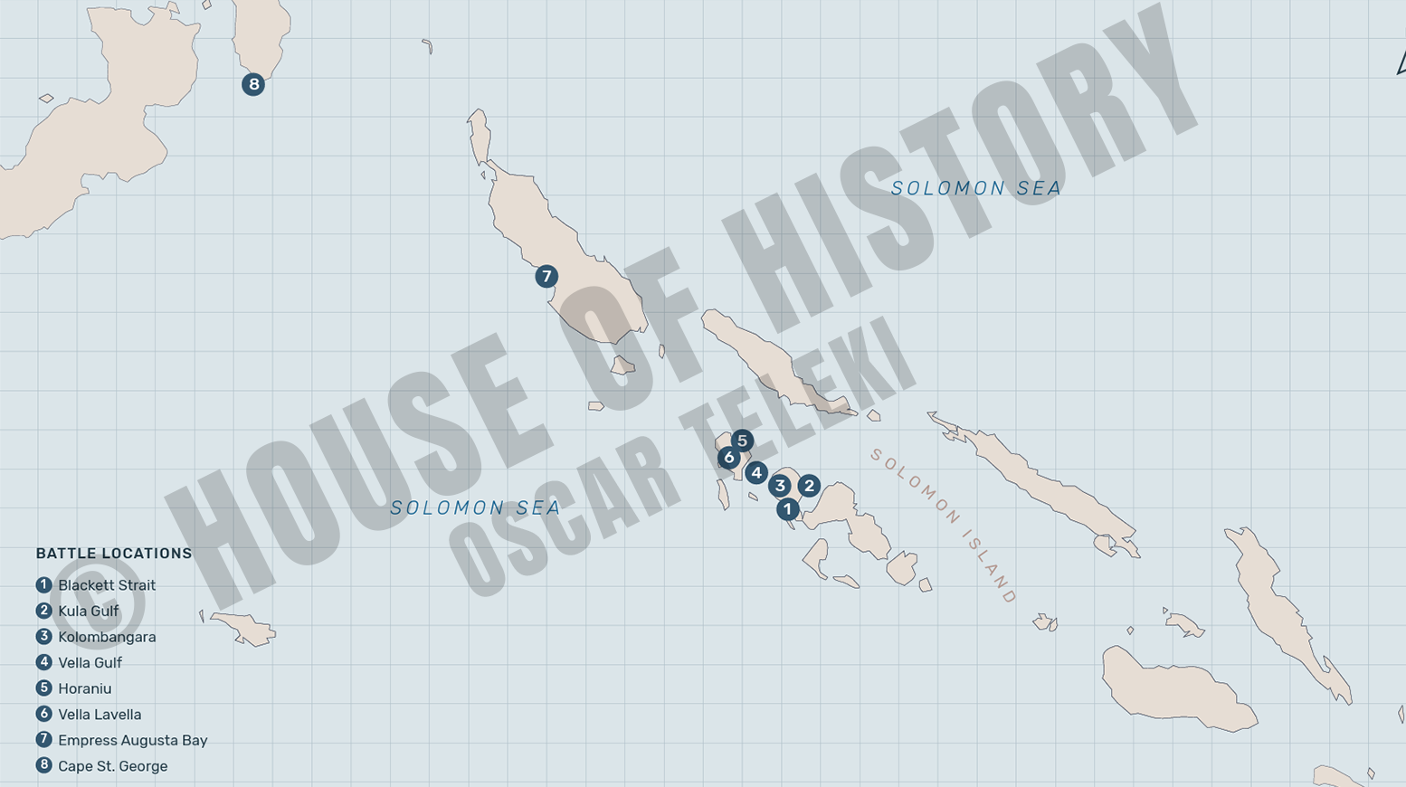 Campaign overview map of the Solomon Islands showing eight New Georgia Campaign battle locations