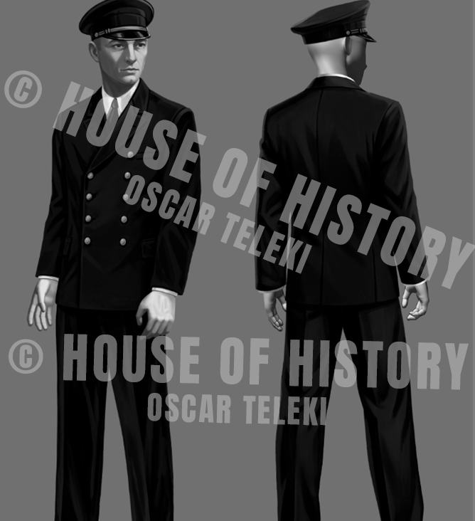 Period-accurate naval officer character reference sheet with front and back views in dark uniform