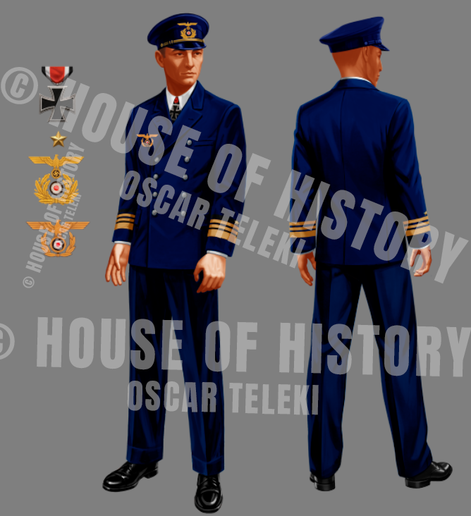 Period-accurate Kriegsmarine officer character reference sheet with medals and insignia
